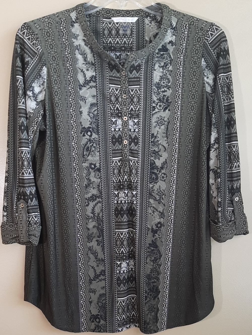 Women's M Boho Olive Green Patterned Tunic Top Rolled Sleeve